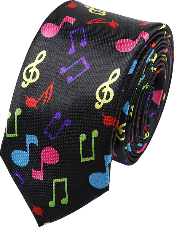 Kravata černá - Noty a houslové klíče barevné