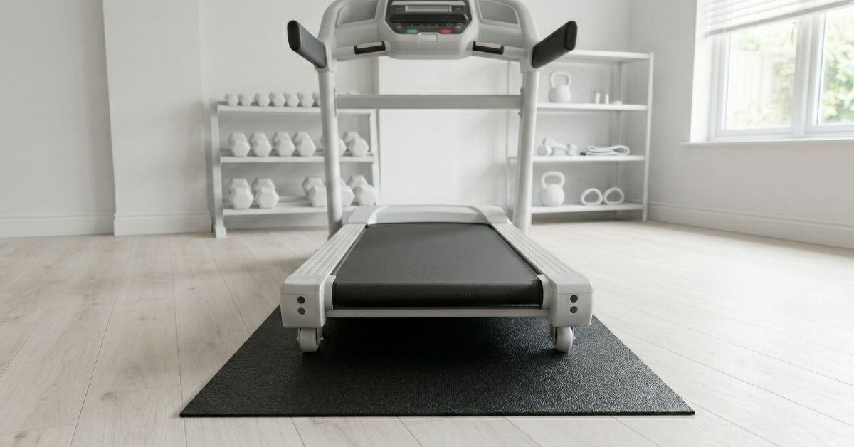 Běžecký pás v interiéru na gumové ochranné podložce