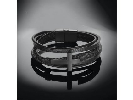 černý stylový náramek s křížem z kůže