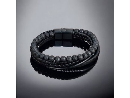Náramek kombinovaný černý s lávovými kameny a kůži