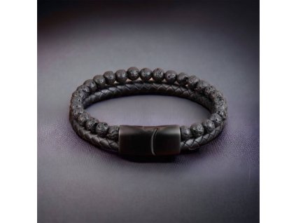 Náramek kombinovaný černý s lávovými kameny a kůži dovjitý na magnet