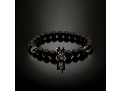 náramek minerální s onyx kameny a hematitem fasetovou kuličkou a korunkou se zirkony