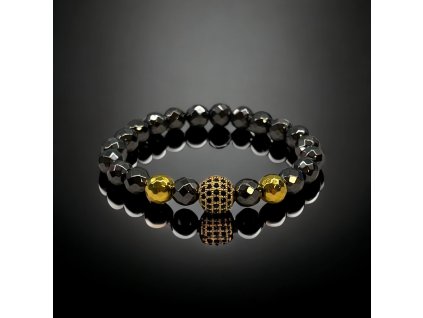náramek z hmeatitu se zlatou kuličkou se zirkony