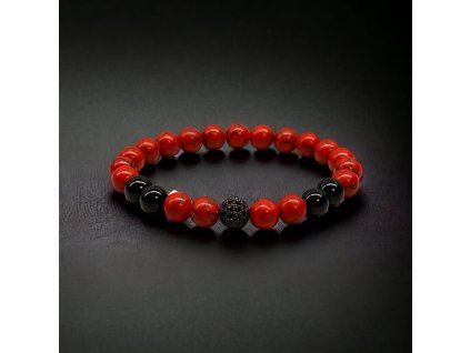 Náramek minerální z červeného tyrkysu a onyxu s kuličkou se zirkony