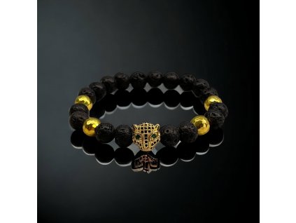 náramek minerální s lávovými kameny fasetovou kuličkou z hematitiku a panterem se zirkony