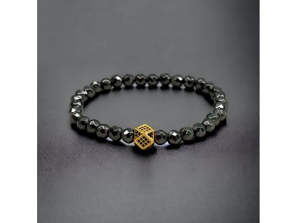 náramek fasetová kulička hematit černý s oddělovacím korálkem kostkou se zirnony zlatá