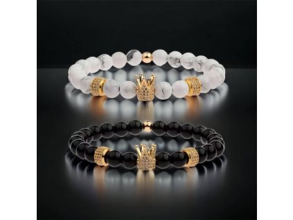 párový náramek černobílý s korunkou se zirkony a rozdělovačem se zirkony