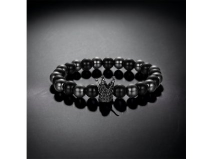 černý náramek kombinace onyx a hematit s černou korunkou se zirkony černé pozadí