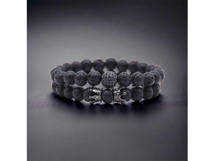 náramkový set z lávového kamene korunek a kuličky se zirkony černé pozadí