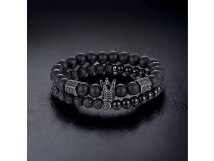 Náramkový set s kombinací lávy a onyxu s komponenty se zirkony černé pozadí