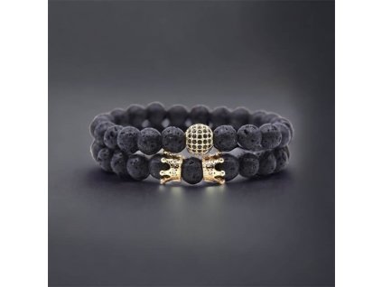 náramkový set z lávového kamene kuličky se zirkony a korunkami černé pozadí