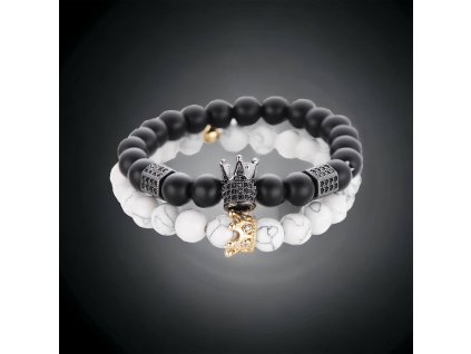 náramek párový černo bílý s korunkou čenou a zlatou se zirkony