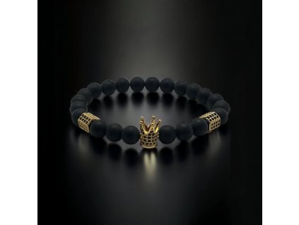 náramek černý onyx s korunkou a rozdělovači se zirkony zlatý