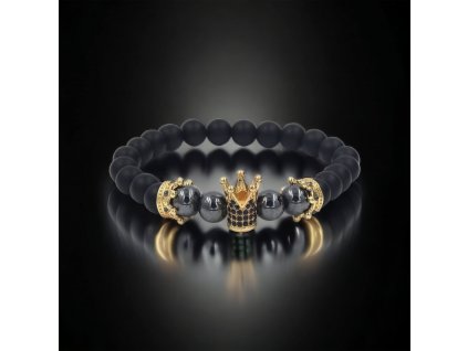 Náramek černý z onyxu, hematitu a zlatých korunek se zirkony