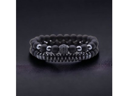 náramkový set onyx a hematit s kuličkou se zirkony