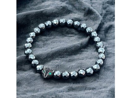 minerální náramek černý hematit broušený s panterem se zirkony