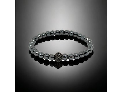 Náramek minerální z hematitu (fasetová černá) s černým oddělovacím korálkem se zirkony