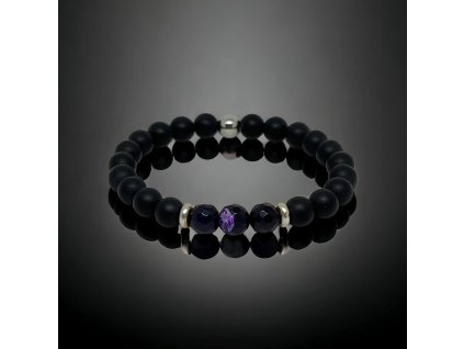 Náramek černý onyx s přírodním ohnivým achátem - fialový