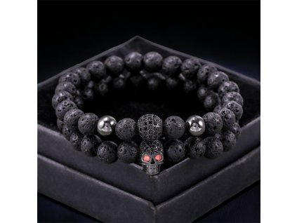 náramkový set s lebkou, kuličkou se zirkony a lávovými kameny