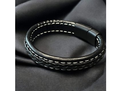 náramek kožený černý s prošíváním a magnetickým zapínáním