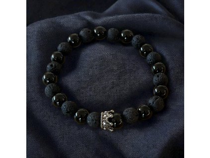 náramek černý minerální s lávovým kamenem a onyxem s korunkou