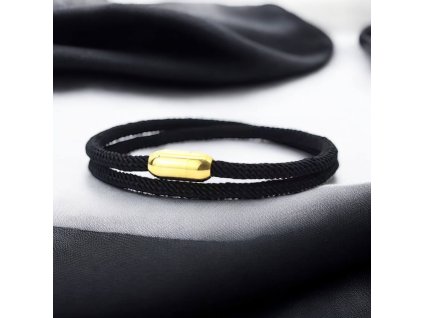 náramek minimalistický černý milánský provaz s nerzovým ZLATÝM zapínáním