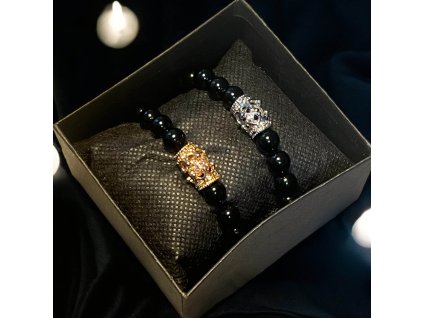 náramek párový onyx s korunkami zlatý a stříbrný