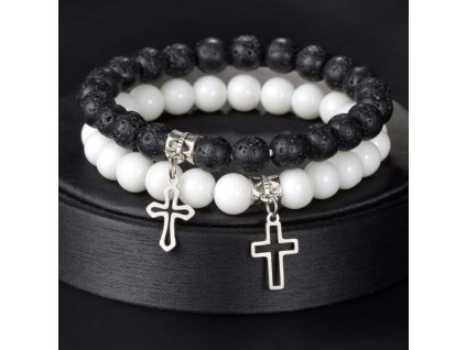 párový náramek s křížem láva a bílý onyx