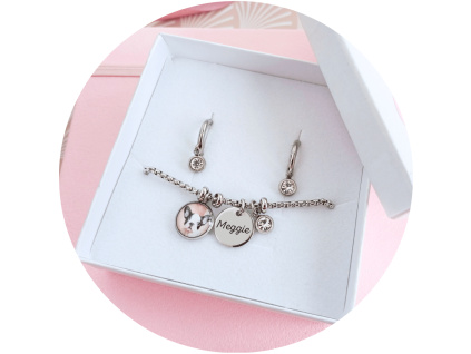 SADA | Ocelový náramek s fotkou či gravírováním + náušnice s krystaly - přívěsek 12 mm