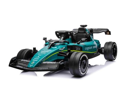 Licenszelt elektromos Formula Aston Martin ARAMCO, zöld, 2 x 35 W-os motor, Eva kerekek, MP3 lejátszó AUX/USB-vel, Bőr ülés, 12V/10Ah akkumulátor, Felfüggesztés, LED lámpák