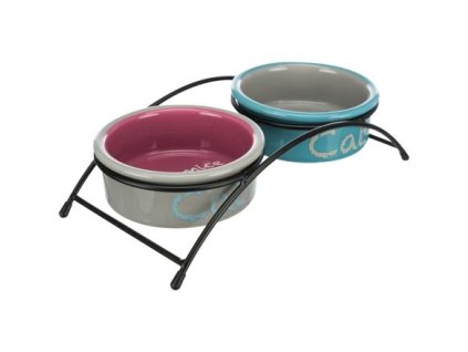 Set keramických misek se stojánkem 2 × 0,3 l / ø 12 cm světle šedá/tmavě růžová/světle modrá