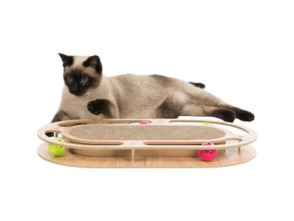 Škrabací kartón v drevenom ráme, s catnipom a hračkami, 45x4x25cm