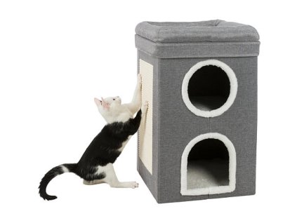 SAUL scratching post, square tower, 2 caves, 39x39x64cm, grey/white