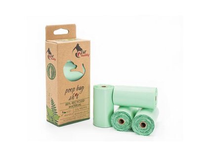 Worki na psie odchody PetBuddy z recyklingu, 4 rolki / 15 worków, zielone z nadrukiem