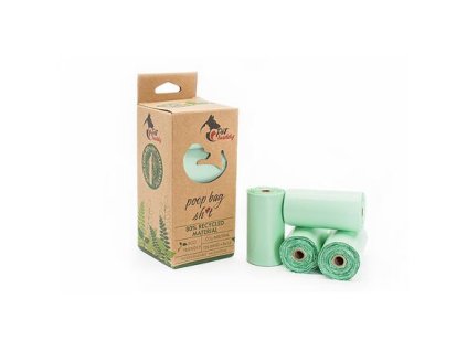 Worki na psie odchody PetBuddy z recyklingu, 8 rolek / 15 worków, zielone z nadrukiem