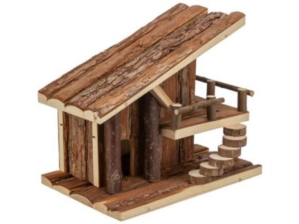 Chaloupka JULE s terasou, pro myšky, 25 x 21 x18 cm, přírodní dřevo s kůrou