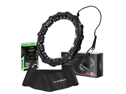 Zestaw czarnego masażu Hula Hoop z ciężarkiem HMS HHW11 i pasem wyszczuplającym talię HMS BR163 PLUS SIZE