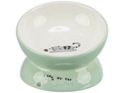 Podwyższona miska ceramiczna z motywem kota, ergonomiczny kształt, 0,15 l / 13 cm, szałwia/biały