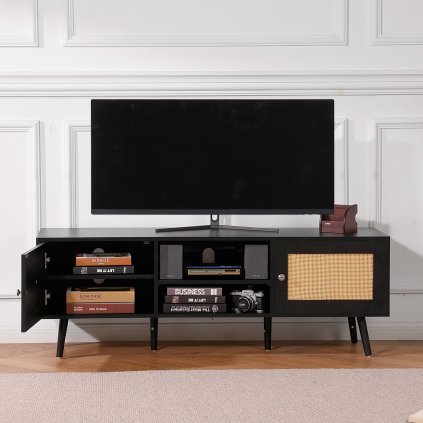 Rattan TV állvány beépített fiókkal, fekete