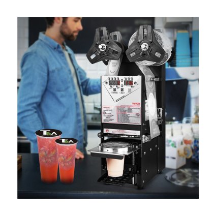 Teljesen automatikus csészezáró gép, 500-650 csésze/H, csésze lezáró gép 180 mm magas és 90/95 mm-es csészéhez, elektromos Boba tea lezáró digitális vezérlő LCD panellel buborékos tejes tea kávéhoz, fekete