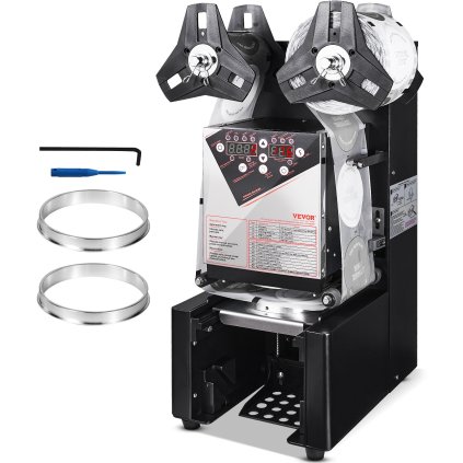 Teljesen automatikus csészezáró gép, 500-650 csésze/H, csésze lezáró gép 190 mm magas és 90/95 mm-es csészéhez, elektromos Boba tea lezáró digitális vezérlő LCD panellel buborékos tejes tea kávéhoz, fekete