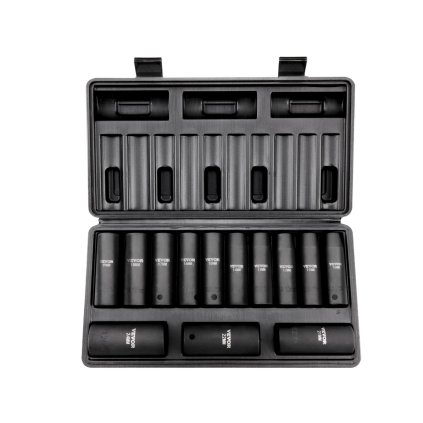 1/2"-os meghajtó ütőaljzat-készlet, 13 részes mélyhüvely-készlet, metrikus 10-24 mm, 6 pontos CR-V ötvözött acél autójavításhoz, könnyen leolvasható méretjelölések, masszív felépítés, tároló tokkal