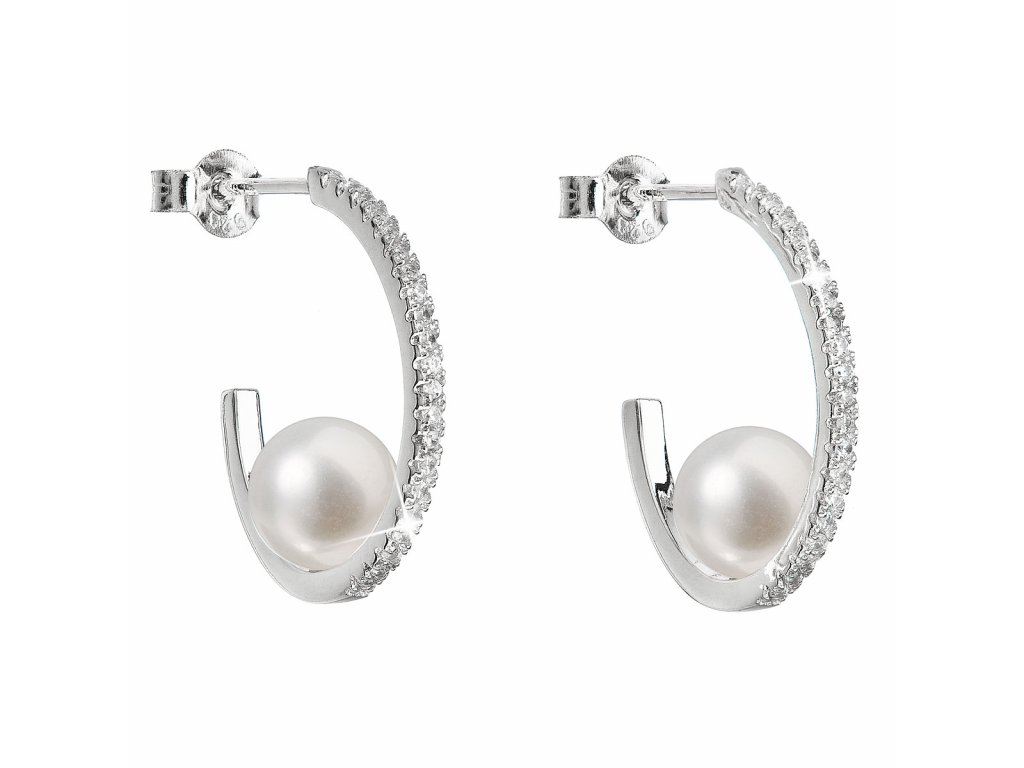 Stříbrné náušnice kruhy s bílou říční perlou 21019.1