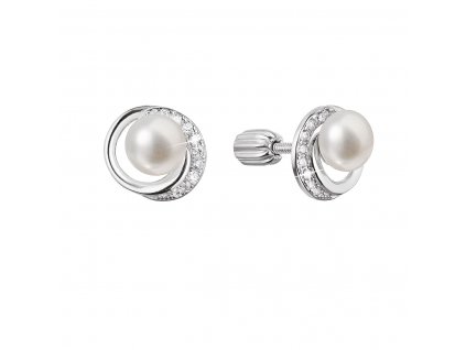 Stříbrné náušnice pecky s kulatou říční perlou a zirkony 21098.1B