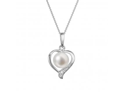 Zlatý 14 karátový náhrdelník srdce bílé zlato s bílou říční perlou a brilianty 82PB00049