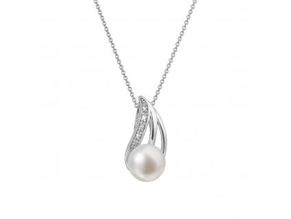 Zlatý 14 karátový náhrdelník bílé zlato s bílou říční perlou a brilianty 82PB00051