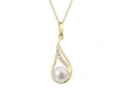Zlatý 14 karátový náhrdelník slza s bílou říční perlou a brilianty 92PB00042