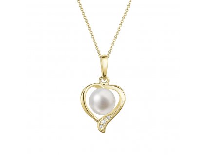 Zlatý 14 karátový náhrdelník srdce s bílou říční perlou a brilianty 92PB00049