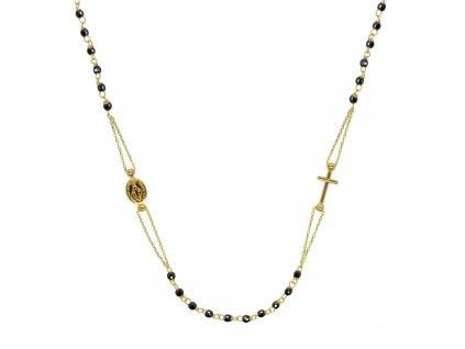 Zlatý 14 karátový náhrdelník růženec s křížem a medailonkem s Pannou Marií RŽ04 černý