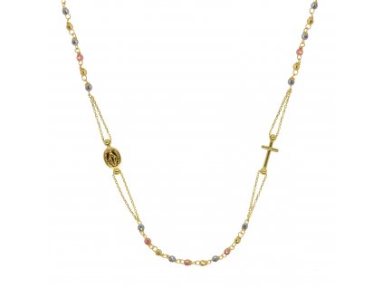 Zlatý 14 karátový náhrdelník růženec s křížem a medailonkem s Pannou Marií RŽ08 multi